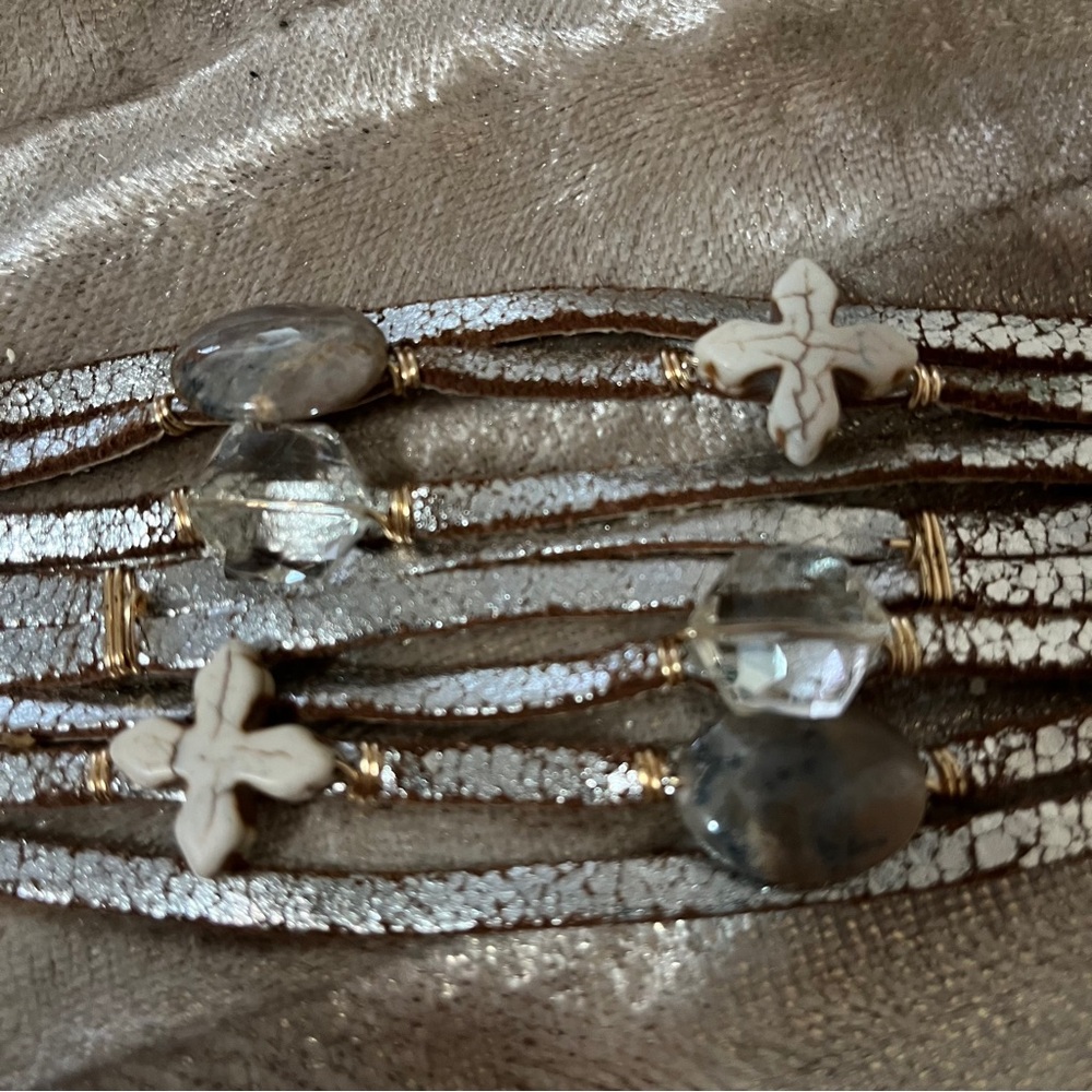 LEATHER Silver Tone Women’s Bracelet - Genuine Jasper, Crystal, Howlite Crosses